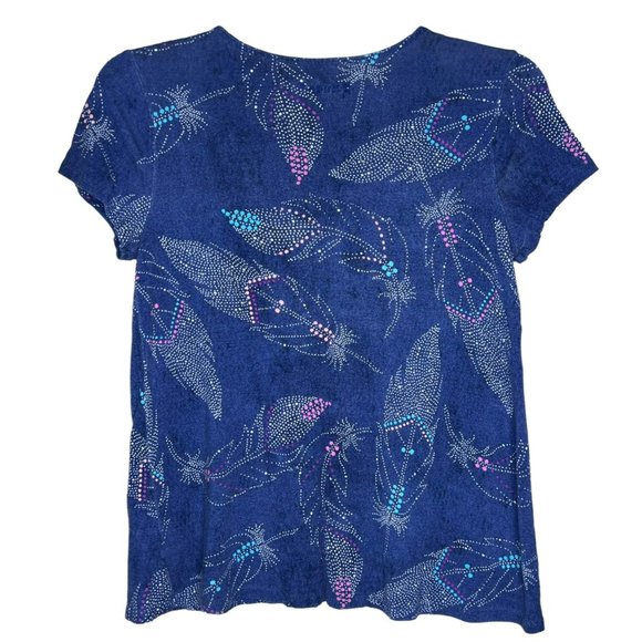 Mudd Women’s Relaxed Feathers Design Blouse Tee Blue Loose Fit Size 14 - Picture 4 of 6